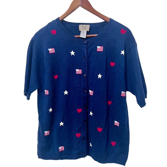 Teddi Sweaters - Teddi Womens Navy Blue Short Sleeve Cardigan Sweater Patriotic Hearts Stars L